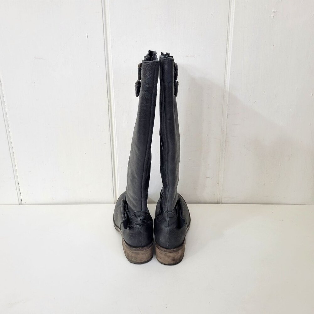 Circle G Distressed Black Leather Knee-High Boots With Buckle Detail & Stacked H - Picture 4 of 11